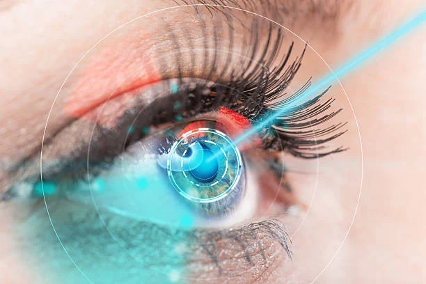 close-up of a woman's eye with a laser beam